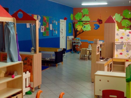 Salone: angolo pappa, atelier della pittura, simbolico e zona morbida